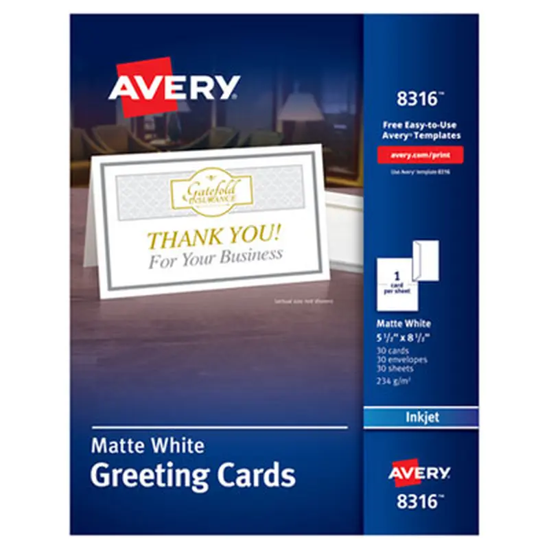 Half-Fold Greeting Cards with Matching Envelopes, Inkjet, 85 lb, 5.5 x 8.5, Matte White, 1 Card/Sheet, 30 Sheets/Box - Greeting Cards | Avery