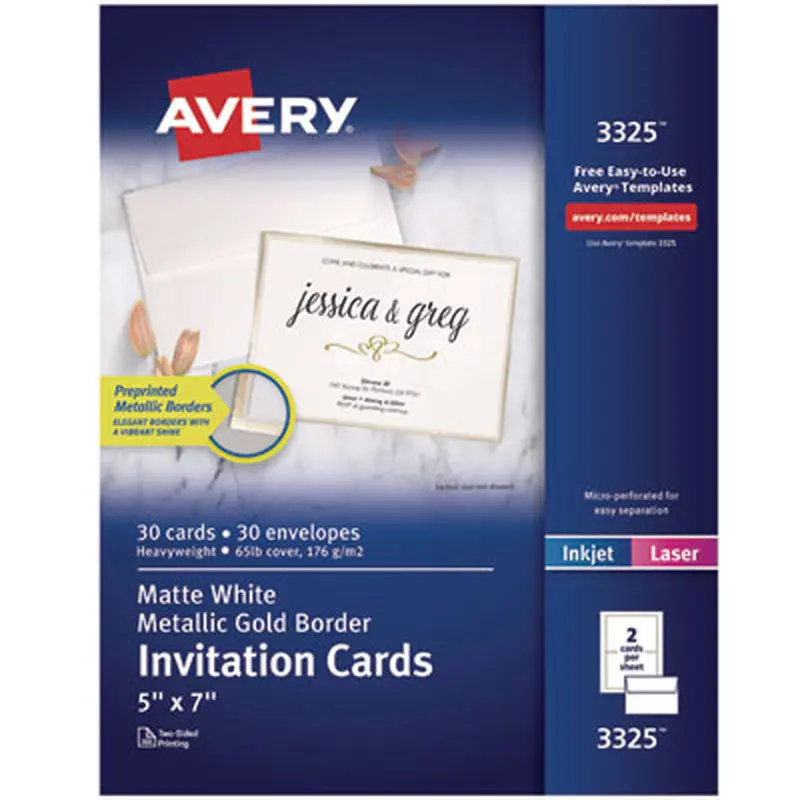 Invitation Cards with Metallic Border, Inkjet/Laser, 80 lb, 5 x 7, Matte White, 2 Cards/Sheet, 15 Sheets/Pack - Greeting Cards | Avery