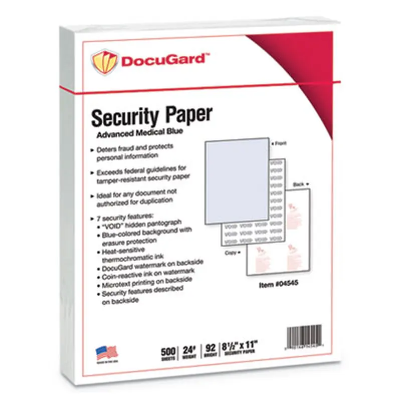 Medical Security Papers, 24 lb Bond Weight, 8.5 x 11, Blue, 500/Ream - Office Paper | DocuGard
