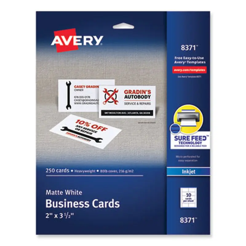 Printable Microperforated Business Cards with Sure Feed Technology, Inkjet, 2 x 3.5, White, 10/Sheet, 25 Sheets/Pack - Business Cards | Avery