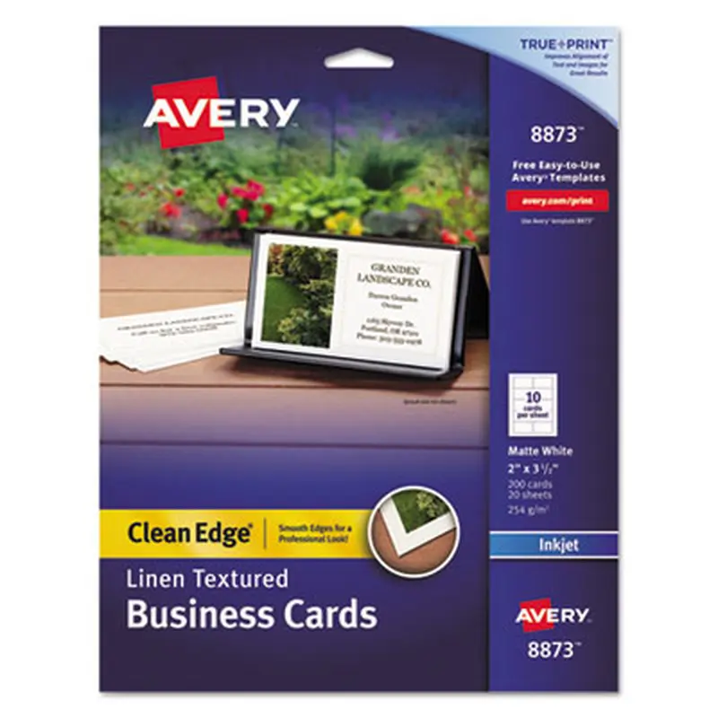 True Print Premium Clean Edge Business Cards with Linen Texture, Inkjet, 2 x 3.5, White, 10 Cards/Sheet, 20 Sheets/Pack - Business Cards | Avery