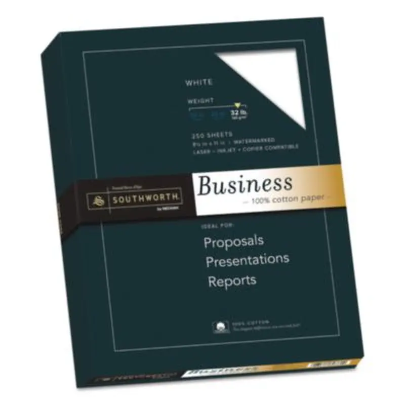 100% Cotton Business Paper, 95 Bright, 32 lb Bond Weight, 8.5 x 11, White, 250/Pack - Resume/Stationery Paper | Southworth