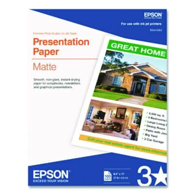 Matte Presentation Paper, 4.9 mil, 8.5 x 11, Matte Bright White, 100/Pack - Photo Print Paper | Epson
