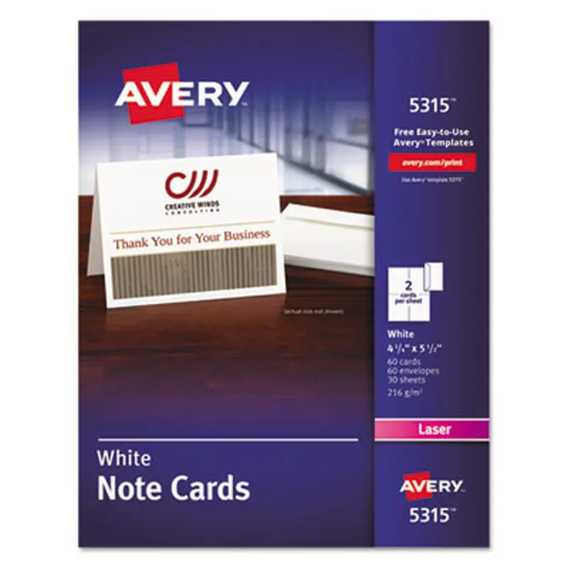 Note Cards with Matching Envelopes, Laser, 80 lb, 4.25 x 5.5, Uncoated White, 60 Cards, 2 Cards/Sheet, 30 Sheets/Pack - Greeting Cards | Avery