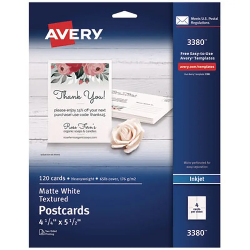Printable Postcards, Inkjet, 65 lb, 4.25 x 5.5, Textured Matte White, 120 Cards, 4 Cards/Sheet, 30 Sheets/Box - Greeting Cards | Avery