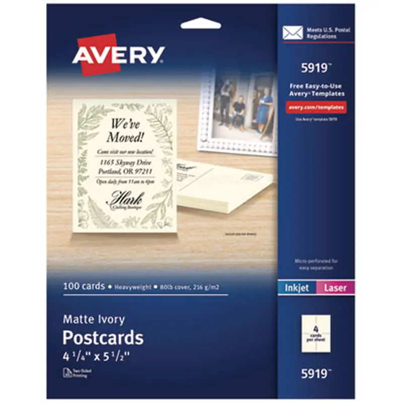Printable Postcards, Inkjet/Laser, 80 lb, 4.25 x 5.5, Matte Ivory, 100 Cards, 4 Cards/Sheet, 25 Sheets/Box - Greeting Cards | Avery