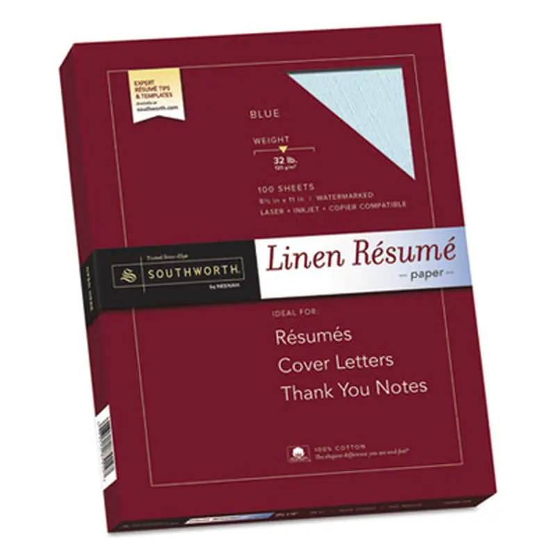 100% Cotton Premium Weight Linen Resume Paper, 32 lb Bond Weight, 8.5 x 11, Blue, 100/Pack - Resume/Stationery Paper | Southworth