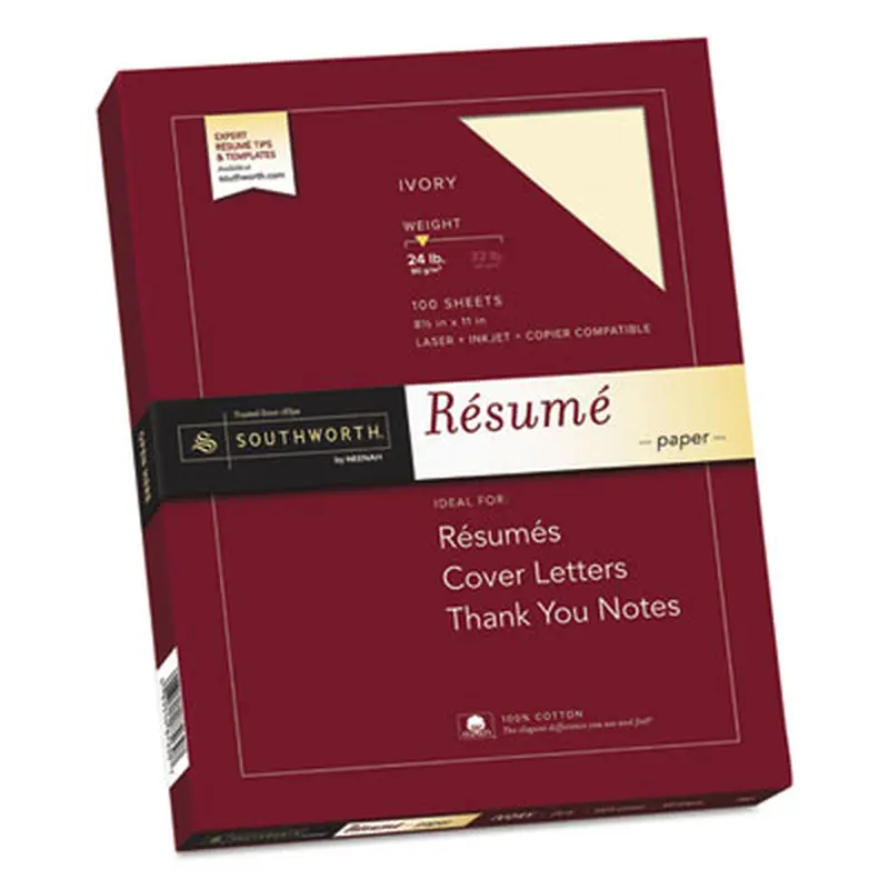 100% Cotton Resume Paper, 24 lb Bond Weight, 8.5 x 11, Ivory, 100/Pack - Resume/Stationery Paper | Southworth
