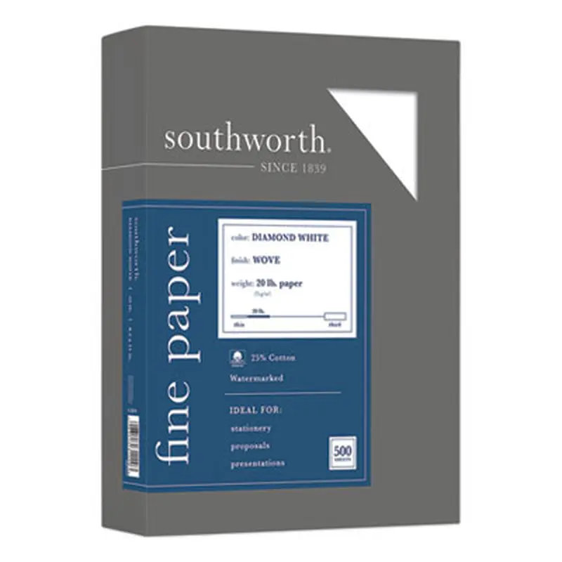 25% Cotton Diamond White Business Paper, 95 Bright, 20 lb Bond Weight, 8.5 x 11, 500/Ream - Resume/Stationery Paper | Southworth
