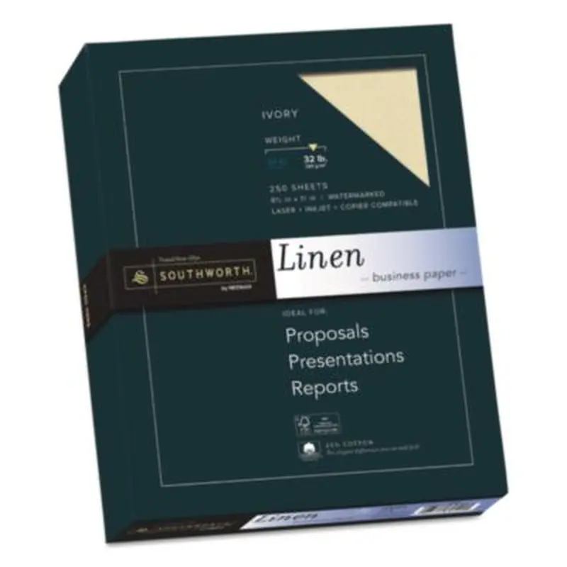 25% Cotton Linen Business Paper, 32 lb Bond Weight, 8.5 x 11, Ivory, 250/Pack - Resume/Stationery Paper | Southworth