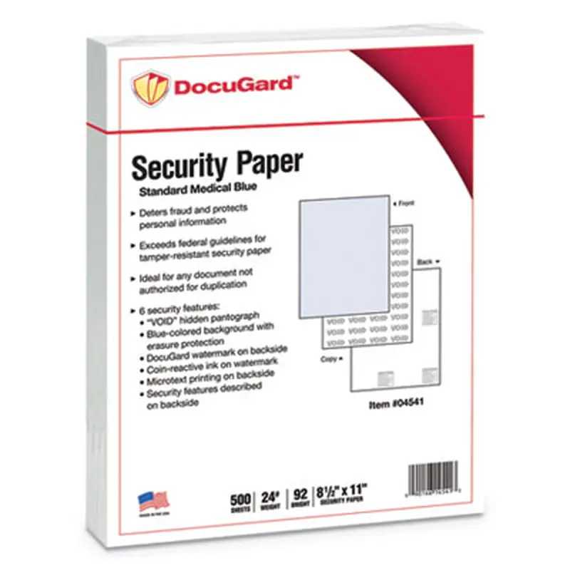 Medical Security Papers, 24 lb Bond Weight, 8.5 x 11, Blue, 500/Ream - Office Paper | DocuGard