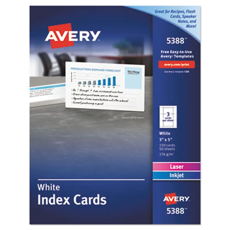 Printable Index Cards with Sure Feed, Unruled, Inkjet/Laser, 3 x 5, White, 150 Cards, 3 Cards/Sheet, 50 Sheets/Box - Index Cards | Avery
