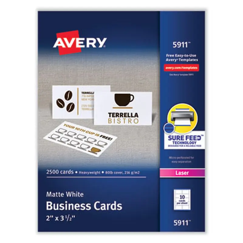 Printable Microperforated Business Cards with Sure Feed Technology, Laser, 2 x 3.5, White, 10/Sheet, 250 Sheets/Box - Business Cards | Avery