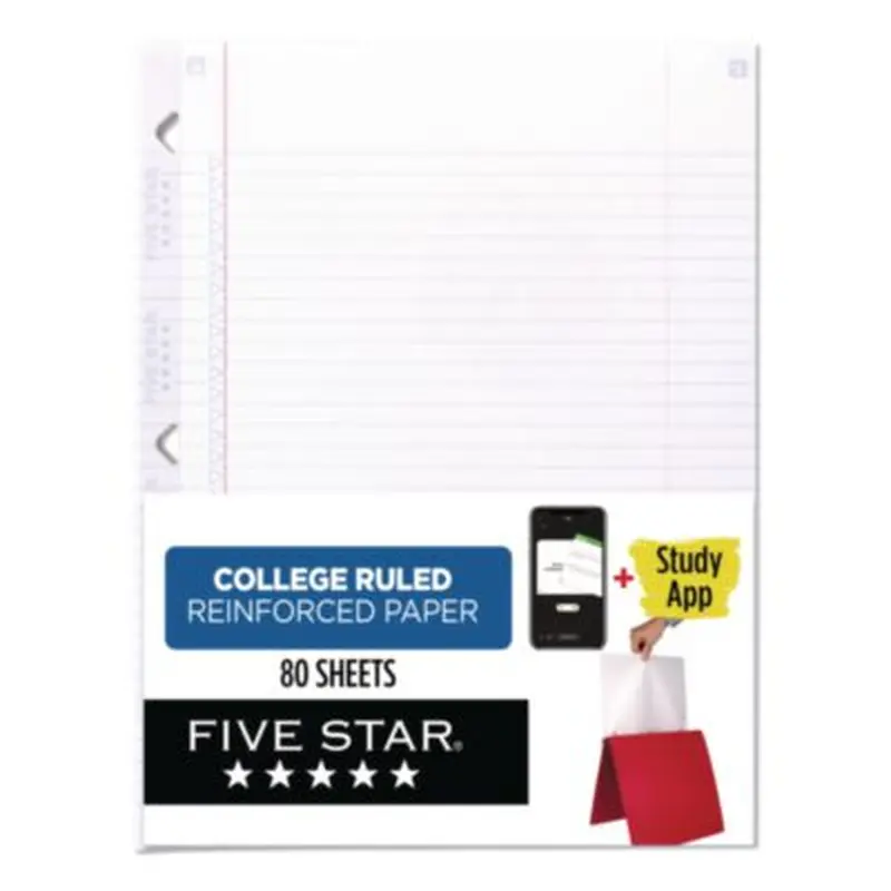 Reinforced Filler Paper Plus Study App, 3-Hole, 8.5 x 11, College Rule, 80/Pack - Filler Paper | Five Star