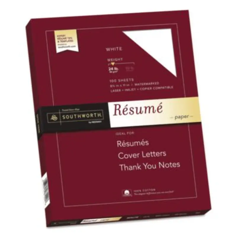 100% Cotton Resume Paper, 95 Bright, 24 lb Bond Weight, 8.5 x 11, White, 100/Pack - Resume/Stationery Paper | Southworth