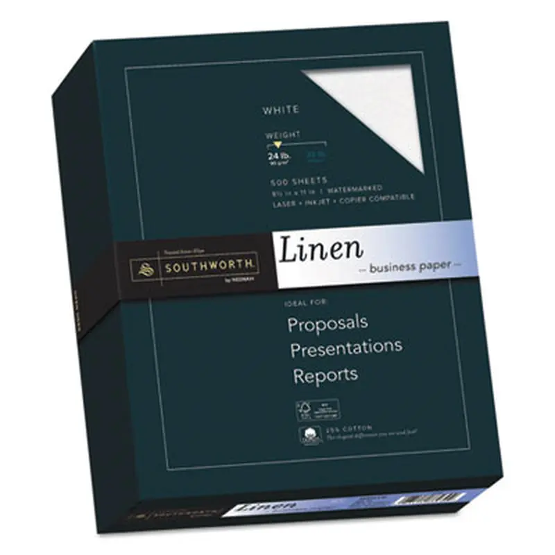25% Cotton Linen Business Paper, 91 Bright, 24 lb Bond Weight, 8.5 x 11, White, 500/Ream - Resume/Stationery Paper | Southworth