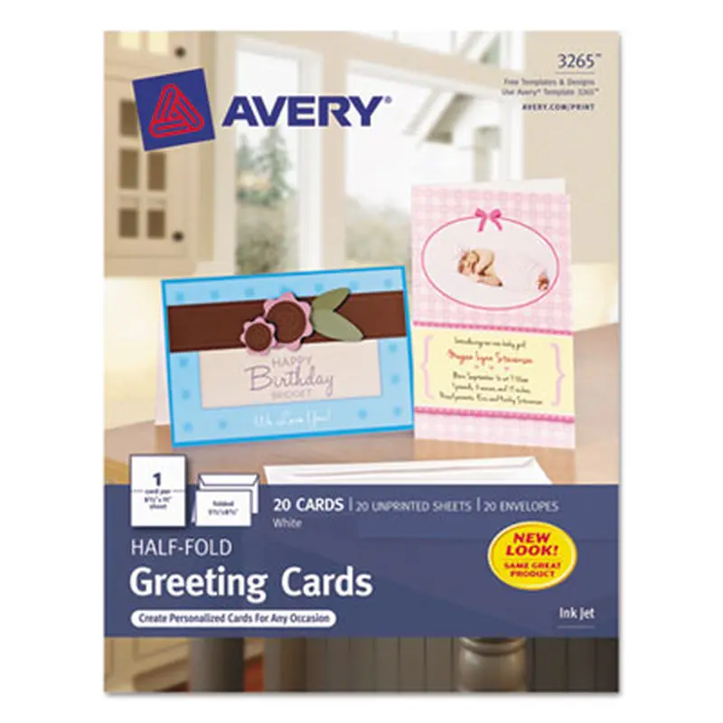 Half-Fold Greeting Cards with Matching Envelopes, Inkjet, 85 lb, 5.5 x 8.5, Matte White, 1 Card/Sheet, 20 Sheets/Box - Greeting Cards | Avery