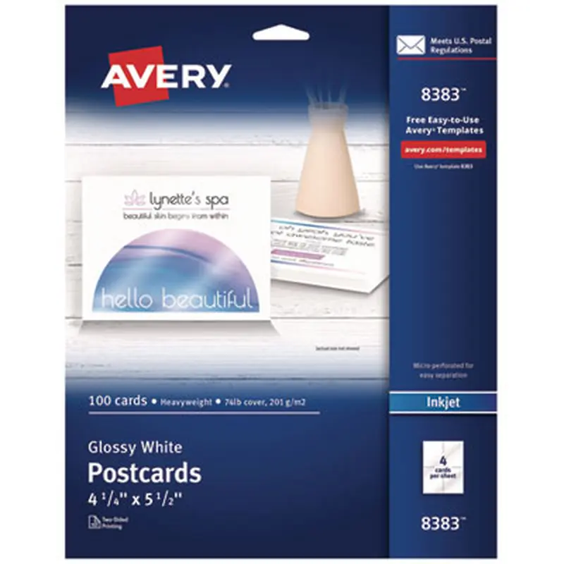 Photo-Quality Printable Postcards, Inkjet, 74 lb, 4.25 x 5.5, Glossy White, 100 Cards, 4 Cards/Sheet, 25 Sheets/Pack - Greeting Cards | Avery