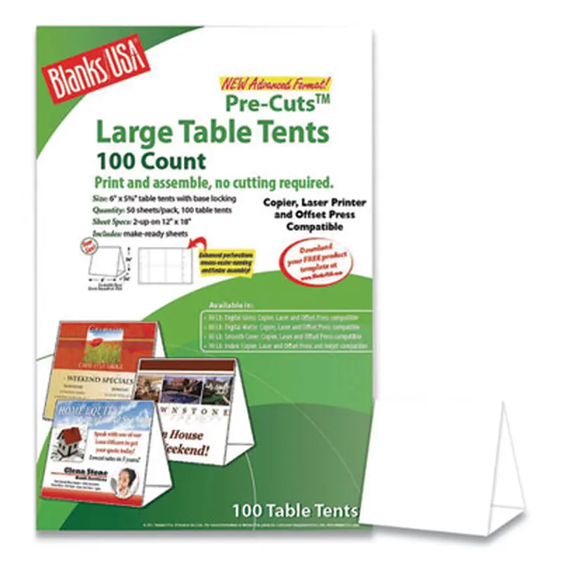 Table Tent, 80 lb Cover Weight, 12 x 18, White, 2 Tents/Sheet, 50 Sheets/Pack - Card/Cover Stock | Blanks/USA