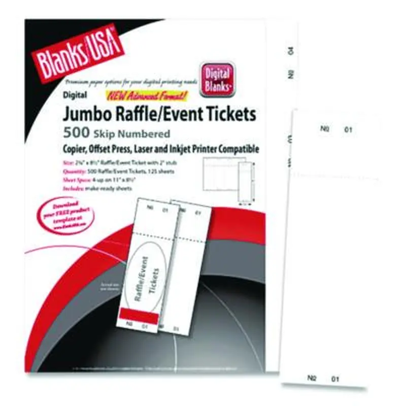 Jumbo Micro-Perforated Event/Raffle Ticket, 90 lb Index Weight, 8.5 x 11, White, 4 Tickets/Sheet, 250 Sheets/Pack - Card/Cover Stock | Blanks/USA