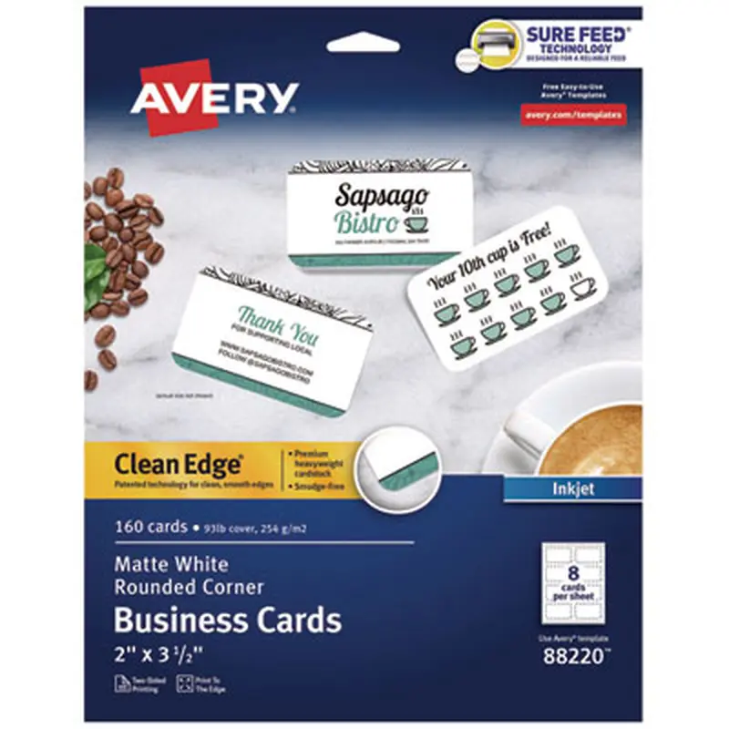 Print-to-the-Edge Business Cards with Rounded Corners, Inkjet, 2 x 3.5, White, 8 Cards/Sheet, 20 Sheets/Pack - Business Cards | Avery