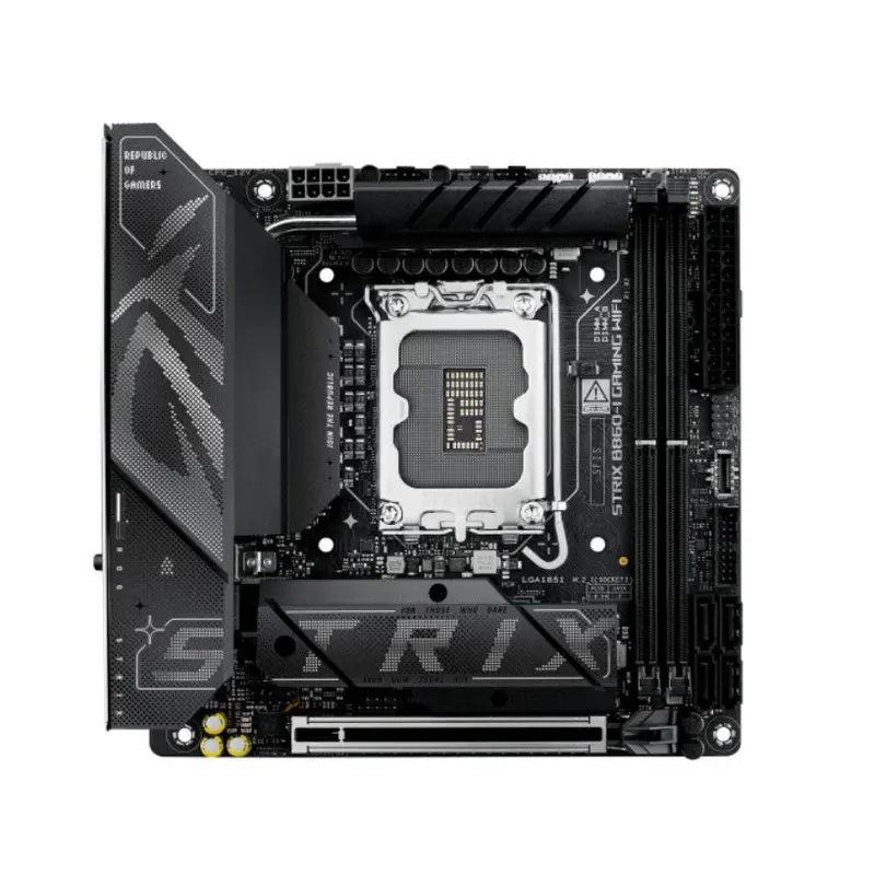 ASUS ROG STRIX B860-I GAMING WIFI LGA1851 Mini-ITX Motherboard 128GB, 2x DDR5, 1 x PCIe 5.0,  2 x M.2 slots,  4 x SATA, WiFi 7, 1 x HDMI, 1 x DP