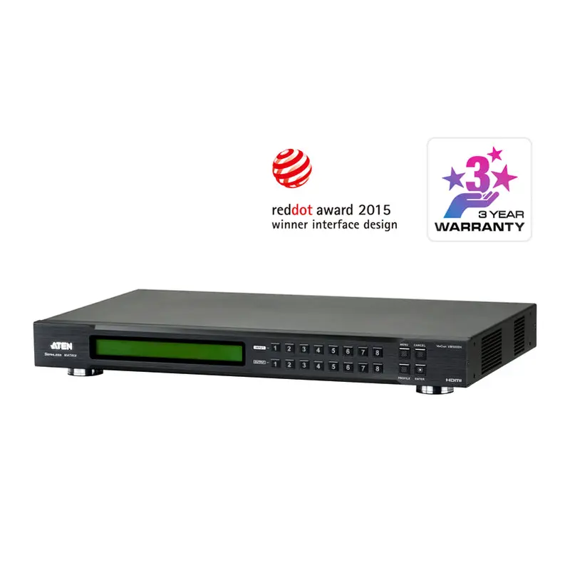 Aten Professional Matrix 8x8 HDMI Matrix with Scaler, Seamless Switch, Video Wall, control via front-panel pushbuttons, IR remote and RS232 control