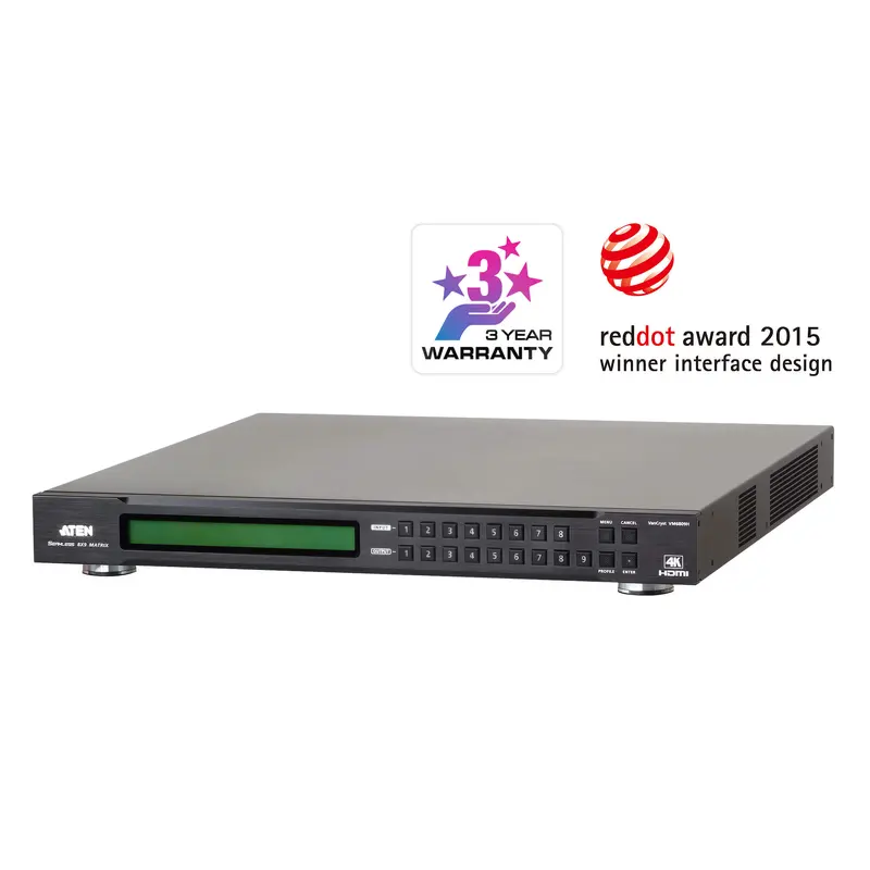 Aten Professional Matrix 8x9 4K HDMI Matrix with Scaler, Seamless Switch, control via front-panel pushbuttons, IR remote and RS232 control