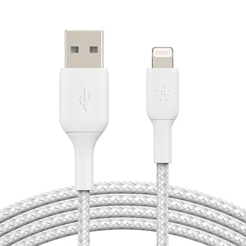 Belkin BoostCharge Braided Lightning to USB-A Cable (2m/6.6ft) - White(CAA002bt2MWH), 480Mbps, 10K  bend, Apple iPhone / iPad / Macbook, 2YR