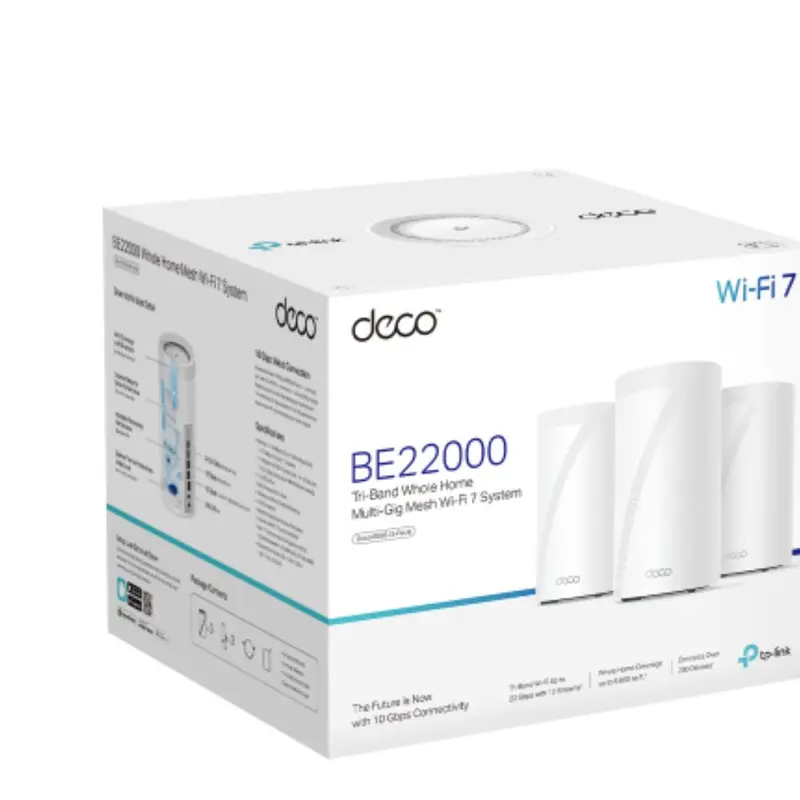 TP-Link Deco BE85(3-pack) BE22000 Tri-Band Whole Home Mesh Wi-Fi 7 System (WIFI7) 1376 Mbps at 2.4 GHz   8640 Mbps at 5 GHz   11520 Mbps at 6 GHz