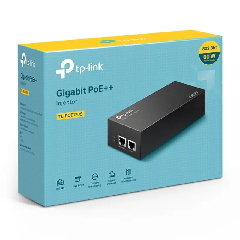 TP-Link TL-POE170S Omada PoE   Injector, 2 Gigabit Ports, 802.3af/at/bt, Integrated Power Supply, Wall Mountable, Plug & Play