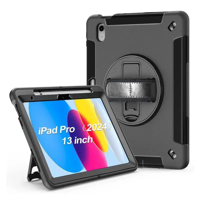 USP Rugged Apple iPad Pro M4 (13') (7th Gen) Case Black - Built-in-Kickstand, Adjustable Hand Strap, Pen Holder, DropProof, ShockProof