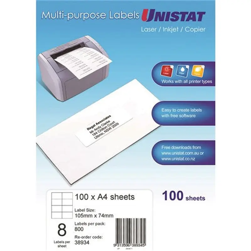 Unistat Laser Copier & Inkjet Labels 105x74mm 8UP 800 labels 100 sheets