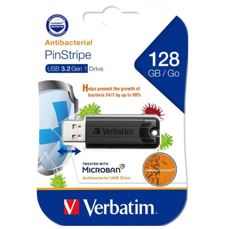Verbatim 128GB Antibacterial Pinstripe USB 3.0 Drive (with Microban) Black