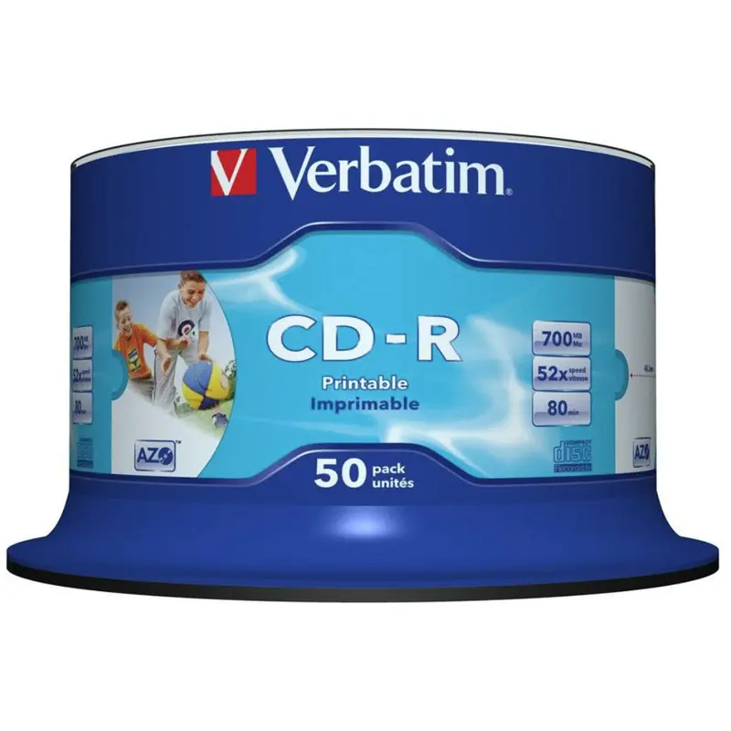 Verbatim CD-R 700MB 50Pk White InkJet 52x Superior ink absorption on high-resolution 5,760 DPI printers