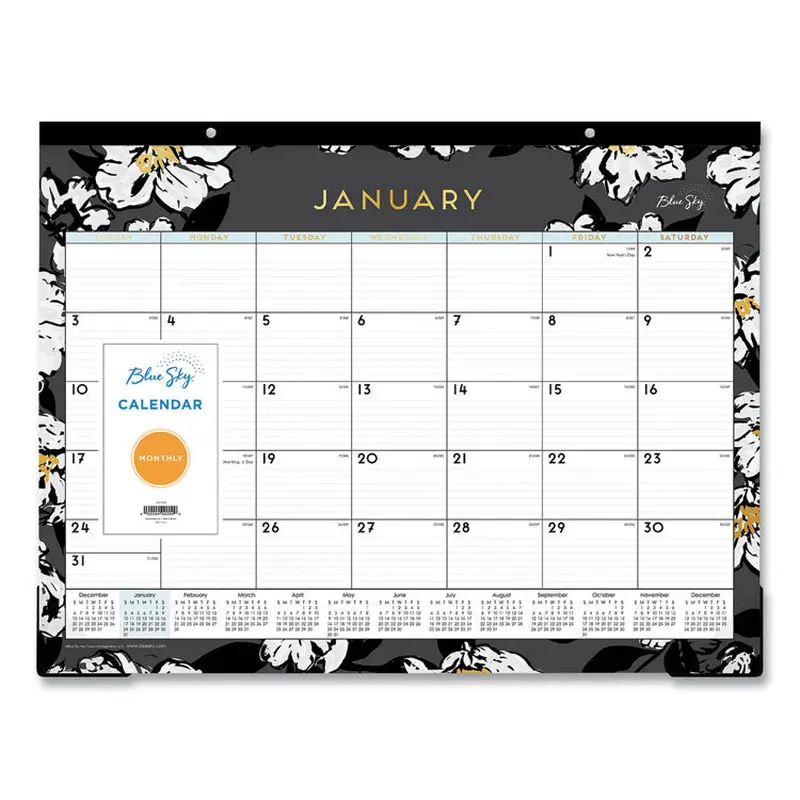Blue Sky Baccara Dark Desk Pad, Floral Artwork, 22 x 17, White/Black/Gold Sheets, Black Binding, 12-Month (Jan to Dec): 2026 (BLS110215) Each
