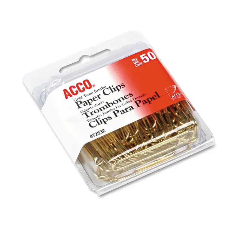 ACCO Gold Tone Paper Clips, Jumbo, Smooth, Gold, 50/Box (ACC72532) Box of 50 Paper Clips