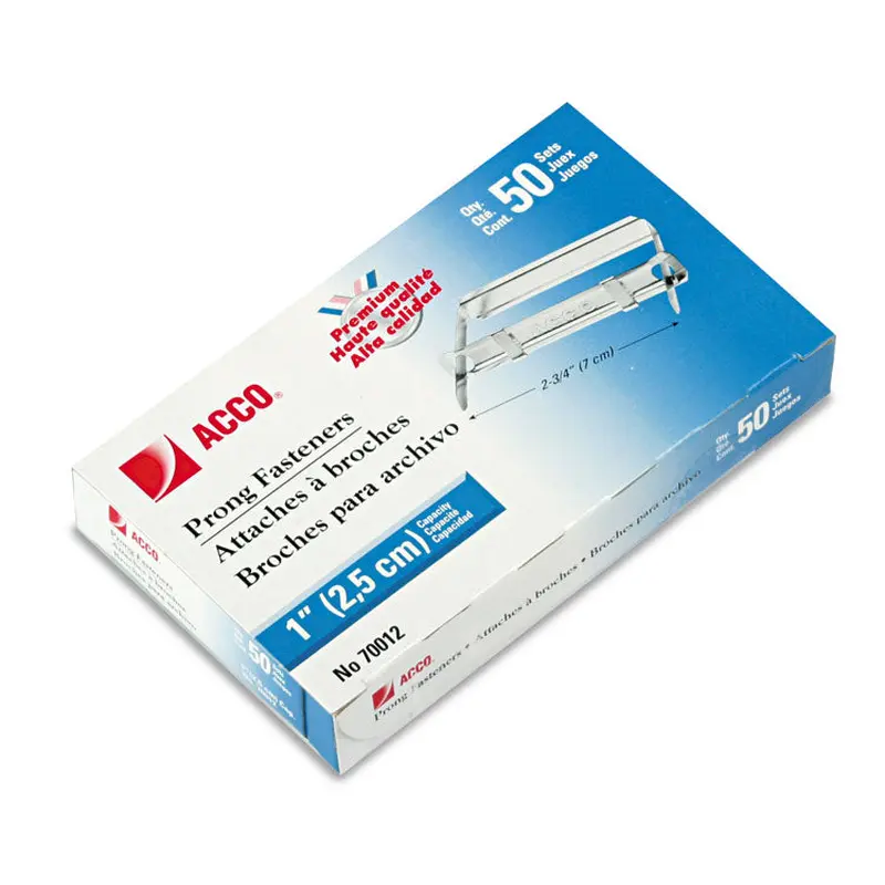 ACCO Premium Two-Piece Two-Prong Paper Fastener Base and Compressor Sets, 1" Capacity, 2.75" Center to Center, Silver, 50/Box (ACC70012) Box of 50 Fasteners