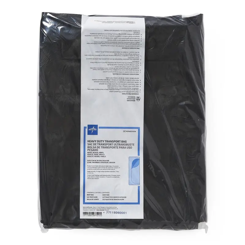 Adult Black Vinyl Disaster Body Bag with Metal Zipper, 10 Sewn-In Handles, 650 lb. Limit, Black, 36" x 96", 5/CS (NON80540W) Case of 5
