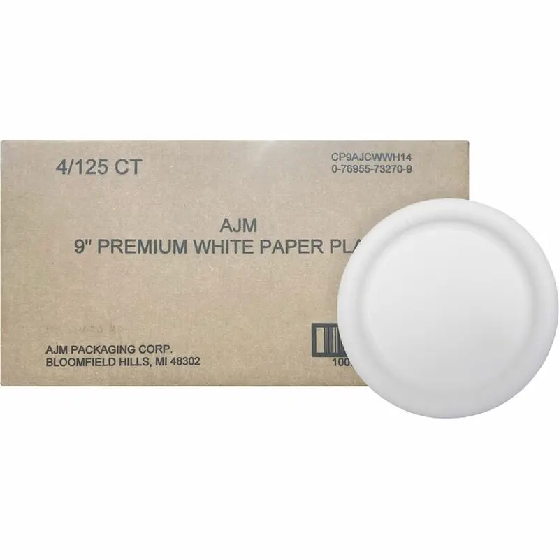 AJM Coated Paper Dinnerware Plates, 9" Diameter Plate, Paper Plate, Disposable, White, 125 Piece(s)/Pack (AJMCP9AJCWWH1) Pack of 125