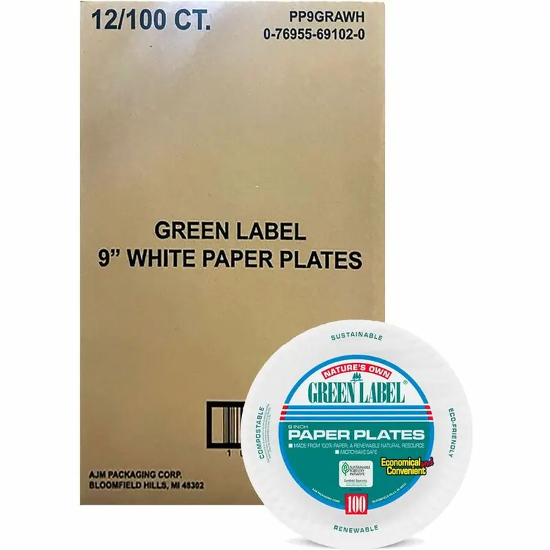 AJM Disposable 9" Paper Plates, White, Case of 1,200 (AJMPP9GRA) Case of 1200