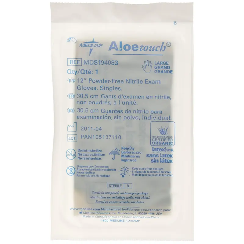 AloeTouch 12" Powder-Free Nitrile Exam Gloves, Sterile Singles, Size L, 100/BX (MDS194083Z) Box of 100