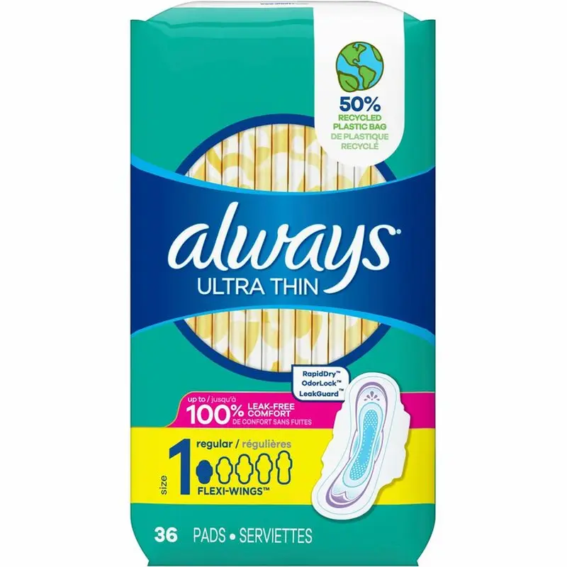 Always Ultra Thin Pads with Wings, Regular, Unscented, Size 1, 36 Per Box, 6/Case, 216 Total (PGC30656) Case of 216