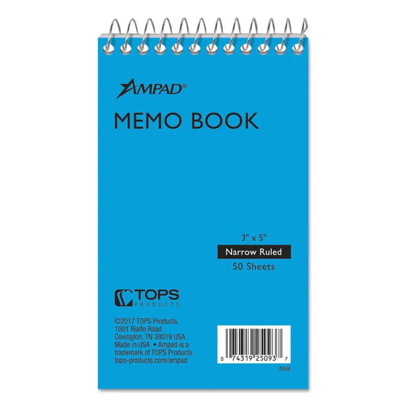 Ampad Memo Pads, Narrow Rule, Randomly Assorted Cover Colors, 50 White 3 x 5 Sheets (TOP25093) Each