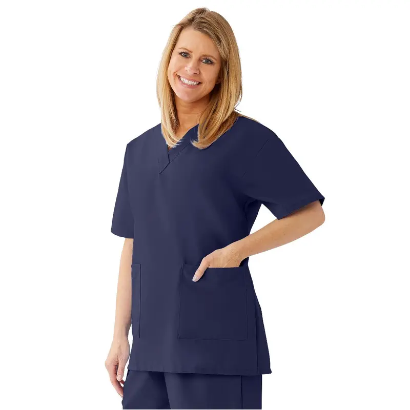 AngelStat Women's V-Neck Tunic Scrub Tops with 2 Pockets, Navy, Size L, 1 EA (893NNTL) Each