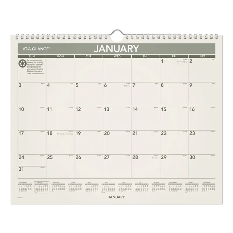 AT-A-GLANCE Recycled Wall Calendar, Unruled Blocks, 15 x 12, Sand/Green Sheets, 12-Month (Jan to Dec): 2026 (AAGPMG7728) Each