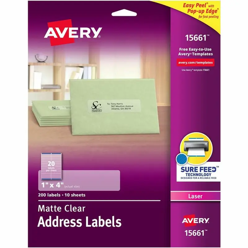 Avery Easy Peel Mailing Labels For Laser Printers, 1 x 4, Clear, 200/Pack (AVE15661) Pack of 200