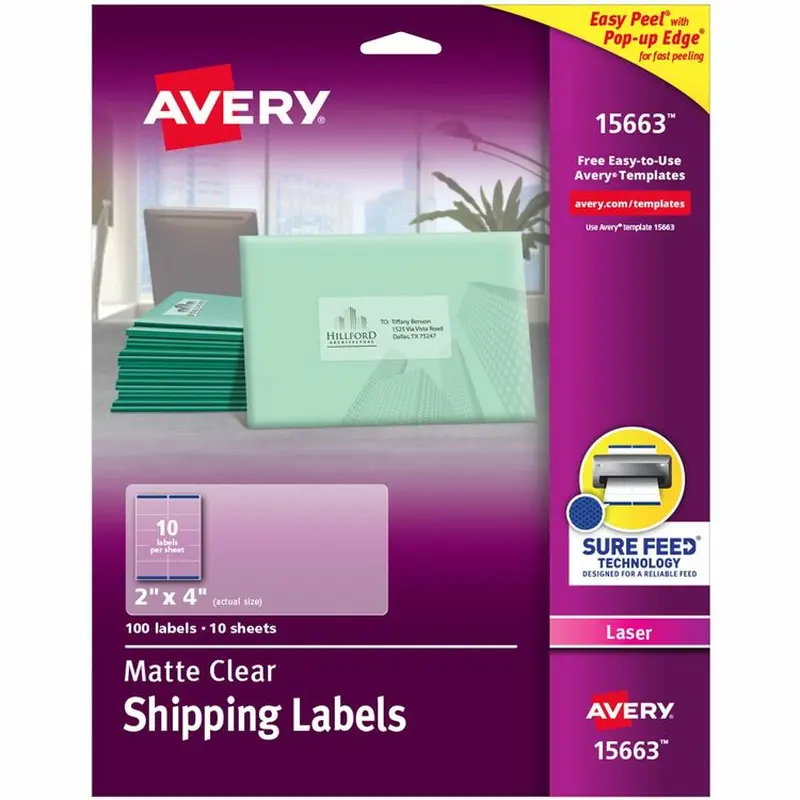 Avery Easy Peel Mailing Labels For Laser Printers, 2 x 4, Clear, 100/Pack (AVE15663) Pack of 100