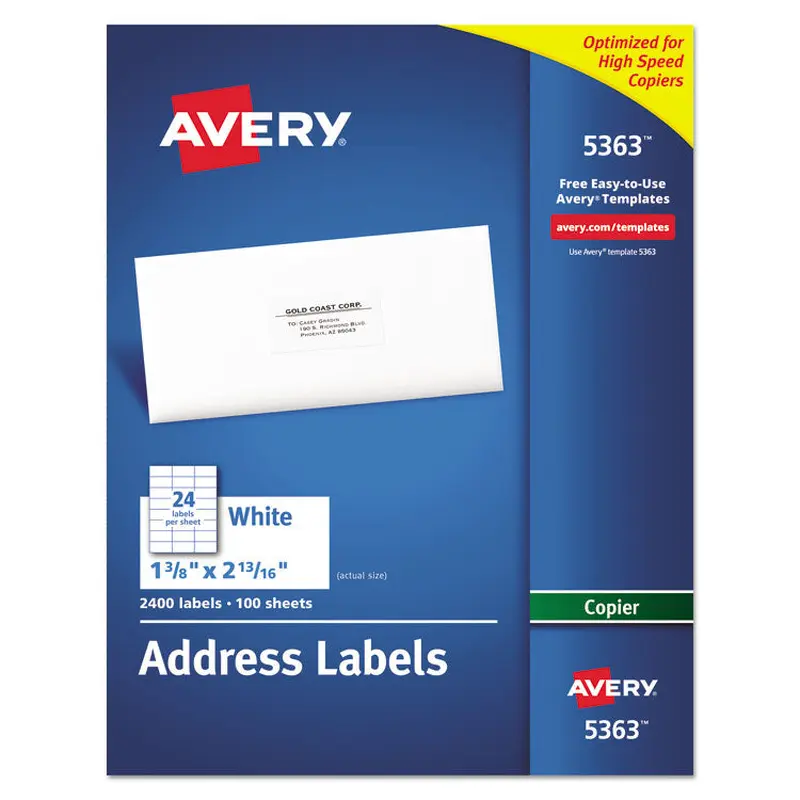 Avery Copier Mailing Labels, Copiers, 1.38 x 2.81, White, 24/Sheet, 100 Sheets/Box (AVE5363) Box of 2400