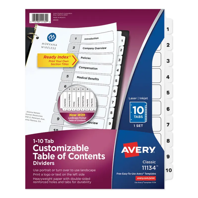 Avery Customizable TOC Ready Index Black and White Dividers, 10-Tab, 1 to 10, 11 x 8.5, 1 Set (AVE11134) Set of 10